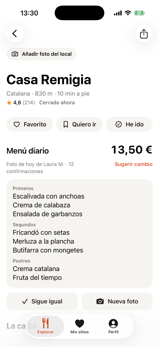 Ficha de un restaurante con el precio del menú, los platos y las valoraciones