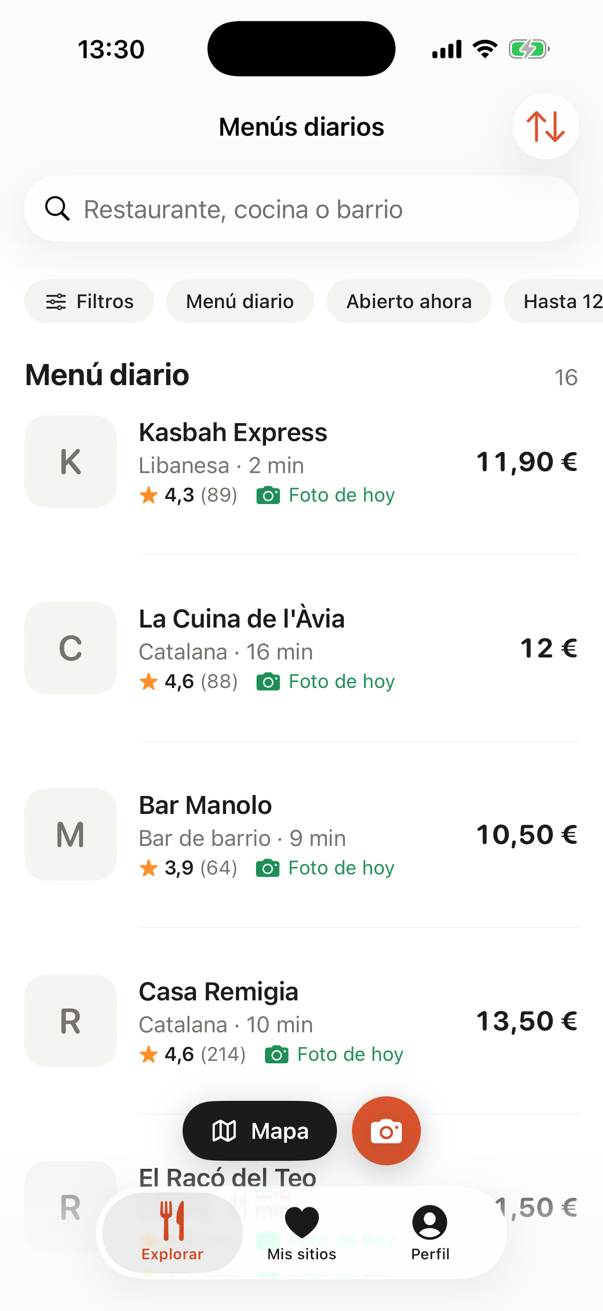 Lista de restaurantes cercanos con el precio del menú del día